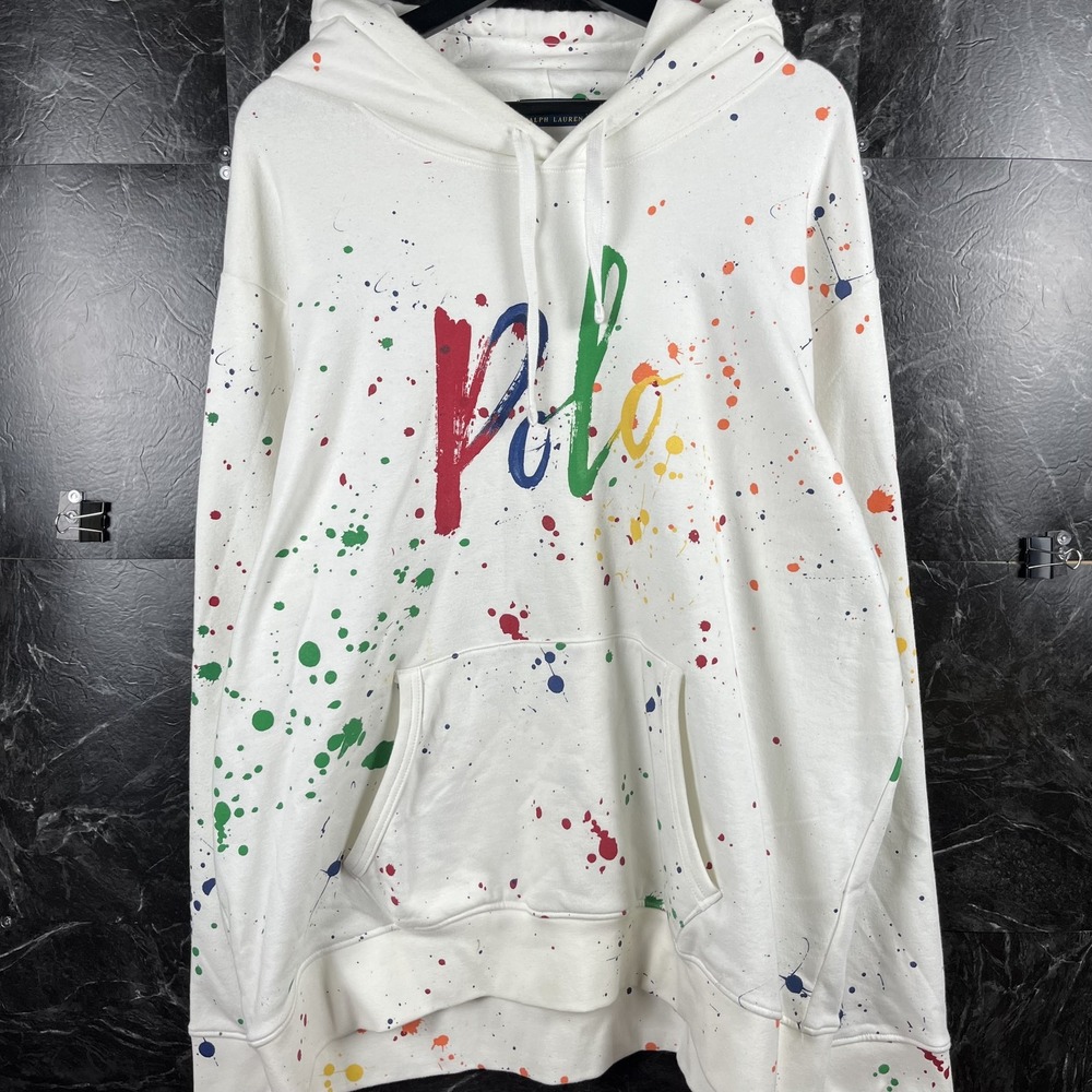 Polo Ralph Lauren Men's White Paint Fleece Hoodie XXL -Flaws